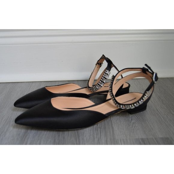 J. Crew Shoes - JCrew $198 Satin Jeweled Ankle-Strap Flats Sz 6.5 Black F8479 Shoes Jewels NEW